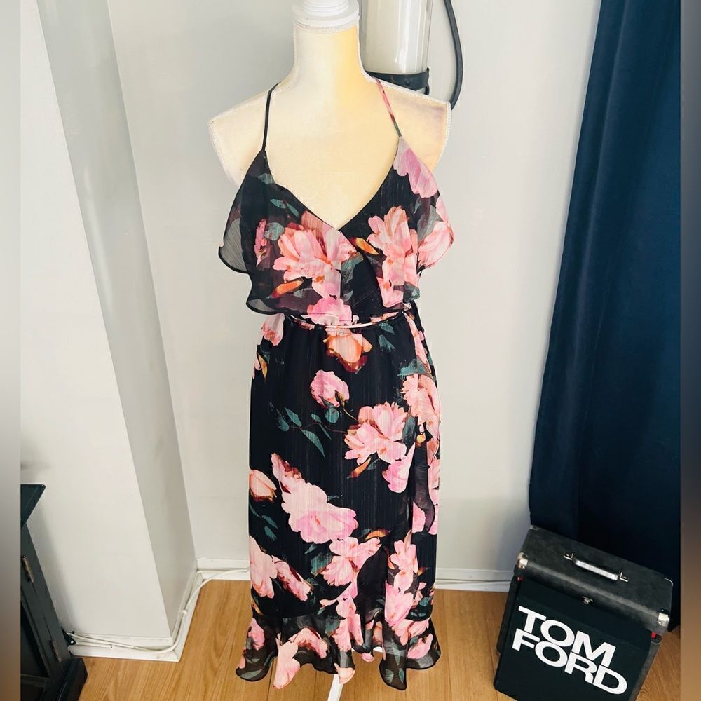 Jennifer Lopez Faux Wrap Ruffle Maxi Dress, Black/Pink, Size 2, Summer Wedding